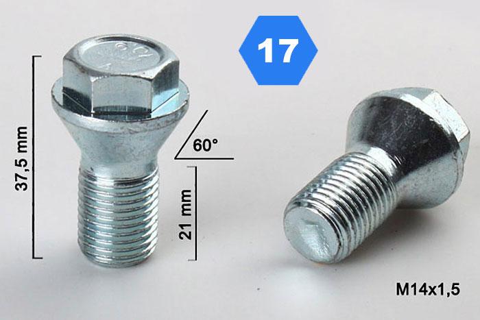 M14x1,5 Wielbout conisch lage kop, Draadlengte 21mm, SW 17